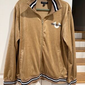 True Religion Velour World Tour Track Jacket, Mens Size Med, Gold with knit trim